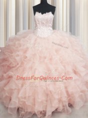 Traditional Visible Boning Scalloped Peach Sleeveless Floor Length Beading and Ruffles Lace Up 15th Birthday Dress