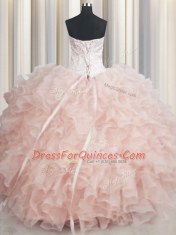 Traditional Visible Boning Scalloped Peach Sleeveless Floor Length Beading and Ruffles Lace Up 15th Birthday Dress