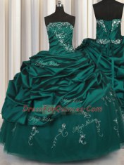 Strapless Sleeveless 15th Birthday Dress Floor Length Beading and Appliques and Embroidery and Pick Ups Peacock Green Taffeta
