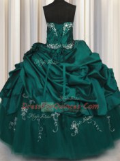 Strapless Sleeveless 15th Birthday Dress Floor Length Beading and Appliques and Embroidery and Pick Ups Peacock Green Taffeta
