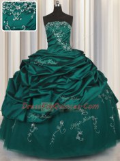 Strapless Sleeveless 15th Birthday Dress Floor Length Beading and Appliques and Embroidery and Pick Ups Peacock Green Taffeta