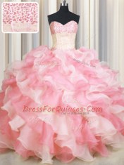 Visible Boning Two Tone Pink And White Sweetheart Neckline Beading and Ruffles Quince Ball Gowns Sleeveless Lace Up