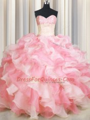 Visible Boning Two Tone Pink And White Sweetheart Neckline Beading and Ruffles Quince Ball Gowns Sleeveless Lace Up