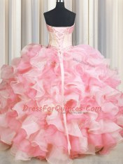 Visible Boning Two Tone Pink And White Sweetheart Neckline Beading and Ruffles Quince Ball Gowns Sleeveless Lace Up