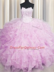 Visible Boning Pink Ball Gowns Organza Scalloped Sleeveless Beading and Ruffles Floor Length Lace Up Quinceanera Dresses