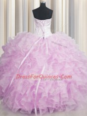Visible Boning Pink Ball Gowns Organza Scalloped Sleeveless Beading and Ruffles Floor Length Lace Up Quinceanera Dresses