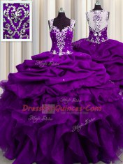 Fantastic See Through Back Floor Length Zipper Quinceanera Gown Purple for Military Ball and Sweet 16 and Quinceanera with Beading and Ruffles and Sequins and Pick Ups