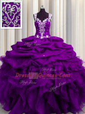 Fantastic See Through Back Floor Length Zipper Quinceanera Gown Purple for Military Ball and Sweet 16 and Quinceanera with Beading and Ruffles and Sequins and Pick Ups