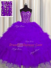 Edgy Visible Boning Floor Length Purple Quinceanera Dresses Tulle Sleeveless Beading and Ruffles and Sequins