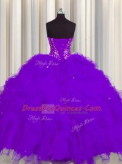 Edgy Visible Boning Floor Length Purple Quinceanera Dresses Tulle Sleeveless Beading and Ruffles and Sequins