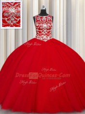 Wonderful Scoop Red Sleeveless Tulle Lace Up Ball Gown Prom Dress for Military Ball and Sweet 16 and Quinceanera