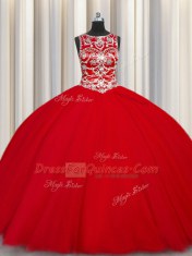 Wonderful Scoop Red Sleeveless Tulle Lace Up Ball Gown Prom Dress for Military Ball and Sweet 16 and Quinceanera