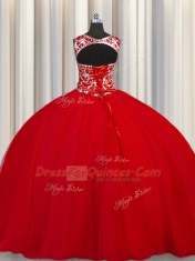 Wonderful Scoop Red Sleeveless Tulle Lace Up Ball Gown Prom Dress for Military Ball and Sweet 16 and Quinceanera