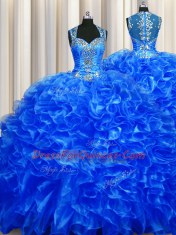 Best Selling Zipper Up See Through Back Straps Sleeveless Quinceanera Dresses With Train Sweep Train Beading and Ruffles Royal Blue Organza