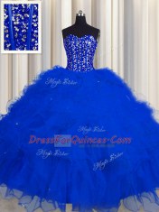 Unique Visible Boning Sleeveless Tulle Floor Length Lace Up Quinceanera Gowns in Royal Blue with Beading and Ruffles and Sequins