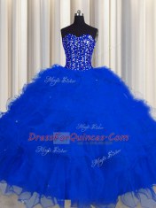 Unique Visible Boning Sleeveless Tulle Floor Length Lace Up Quinceanera Gowns in Royal Blue with Beading and Ruffles and Sequins