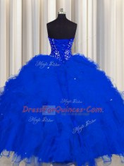 Unique Visible Boning Sleeveless Tulle Floor Length Lace Up Quinceanera Gowns in Royal Blue with Beading and Ruffles and Sequins