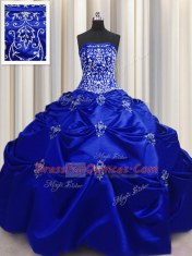 Dazzling Royal Blue Taffeta Lace Up Strapless Sleeveless Floor Length Sweet 16 Dress Beading and Appliques and Embroidery