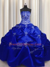 Dazzling Royal Blue Taffeta Lace Up Strapless Sleeveless Floor Length Sweet 16 Dress Beading and Appliques and Embroidery