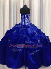 Dazzling Royal Blue Taffeta Lace Up Strapless Sleeveless Floor Length Sweet 16 Dress Beading and Appliques and Embroidery