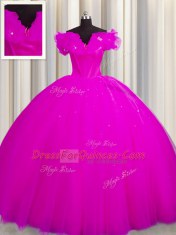 Best Court Train Ball Gowns 15th Birthday Dress Fuchsia Off The Shoulder Tulle Short Sleeves With Train Lace Up