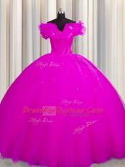 Best Court Train Ball Gowns 15th Birthday Dress Fuchsia Off The Shoulder Tulle Short Sleeves With Train Lace Up