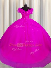 Best Court Train Ball Gowns 15th Birthday Dress Fuchsia Off The Shoulder Tulle Short Sleeves With Train Lace Up