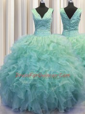 V Neck Zipper Up Floor Length Ball Gowns Sleeveless Light Blue Sweet 16 Dress Zipper