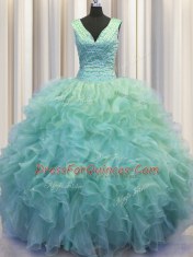 V Neck Zipper Up Floor Length Ball Gowns Sleeveless Light Blue Sweet 16 Dress Zipper