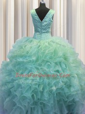 V Neck Zipper Up Floor Length Ball Gowns Sleeveless Light Blue Sweet 16 Dress Zipper