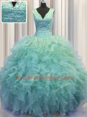 V Neck Zipper Up Floor Length Ball Gowns Sleeveless Light Blue Sweet 16 Dress Zipper