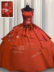 Embroidery Rust Red Sleeveless Satin Lace Up Ball Gown Prom Dress for Military Ball and Sweet 16 and Quinceanera
