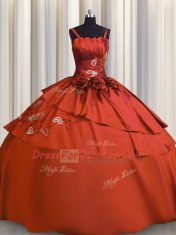 Embroidery Rust Red Sleeveless Satin Lace Up Ball Gown Prom Dress for Military Ball and Sweet 16 and Quinceanera