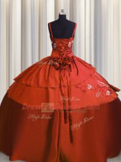 Embroidery Rust Red Sleeveless Satin Lace Up Ball Gown Prom Dress for Military Ball and Sweet 16 and Quinceanera