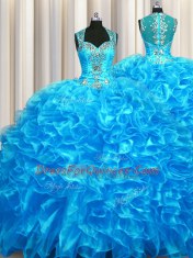 Charming Zipper Up See Through Back With Train Baby Blue Quinceanera Dress Organza Sleeveless Beading and Ruffles