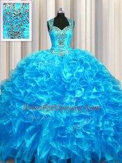 Charming Zipper Up See Through Back With Train Baby Blue Quinceanera Dress Organza Sleeveless Beading and Ruffles
