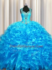 Charming Zipper Up See Through Back With Train Baby Blue Quinceanera Dress Organza Sleeveless Beading and Ruffles