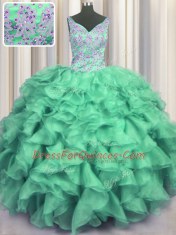 Flirting Turquoise Ball Gowns V-neck Sleeveless Organza Floor Length Lace Up Beading and Ruffles 15th Birthday Dress