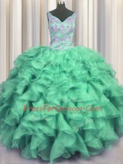 Flirting Turquoise Ball Gowns V-neck Sleeveless Organza Floor Length Lace Up Beading and Ruffles 15th Birthday Dress