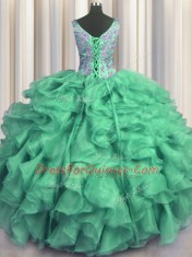 Flirting Turquoise Ball Gowns V-neck Sleeveless Organza Floor Length Lace Up Beading and Ruffles 15th Birthday Dress