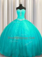 Best Selling Sleeveless Organza and Sequined Court Train Lace Up 15 Quinceanera Dress in Aqua Blue with Beading and Appliques