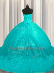 Best Selling Sleeveless Organza and Sequined Court Train Lace Up 15 Quinceanera Dress in Aqua Blue with Beading and Appliques