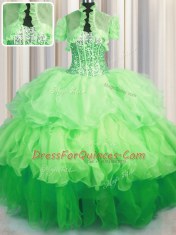 Edgy Visible Boning Bling-bling Organza Lace Up Quinceanera Gown Sleeveless Asymmetrical Beading and Ruffled Layers