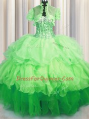 Edgy Visible Boning Bling-bling Organza Lace Up Quinceanera Gown Sleeveless Asymmetrical Beading and Ruffled Layers