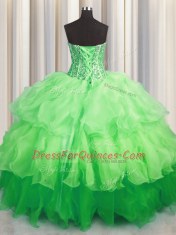 Edgy Visible Boning Bling-bling Organza Lace Up Quinceanera Gown Sleeveless Asymmetrical Beading and Ruffled Layers