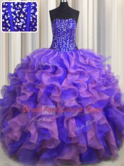 Visible Boning Bling-bling Floor Length Lace Up Quinceanera Dress Multi-color for Military Ball and Sweet 16 and Quinceanera with Beading and Ruffles