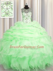 Scoop See Through Sleeveless Lace Up Floor Length Beading and Ruffles and Pick Ups Quinceanera Gown