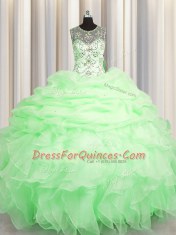 Scoop See Through Sleeveless Lace Up Floor Length Beading and Ruffles and Pick Ups Quinceanera Gown