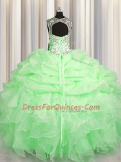 Scoop See Through Sleeveless Lace Up Floor Length Beading and Ruffles and Pick Ups Quinceanera Gown