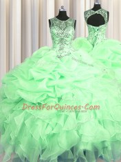 Graceful See Through Apple Green Scoop Neckline Beading and Ruffles and Pick Ups 15 Quinceanera Dress Sleeveless Lace Up